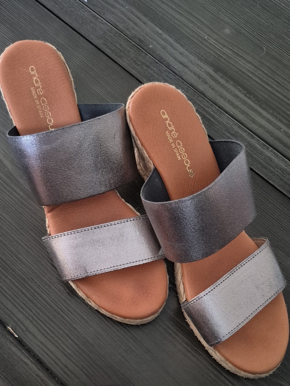 Andre Assous Metallic Silver Double-Band Slide Sandals - Women's
